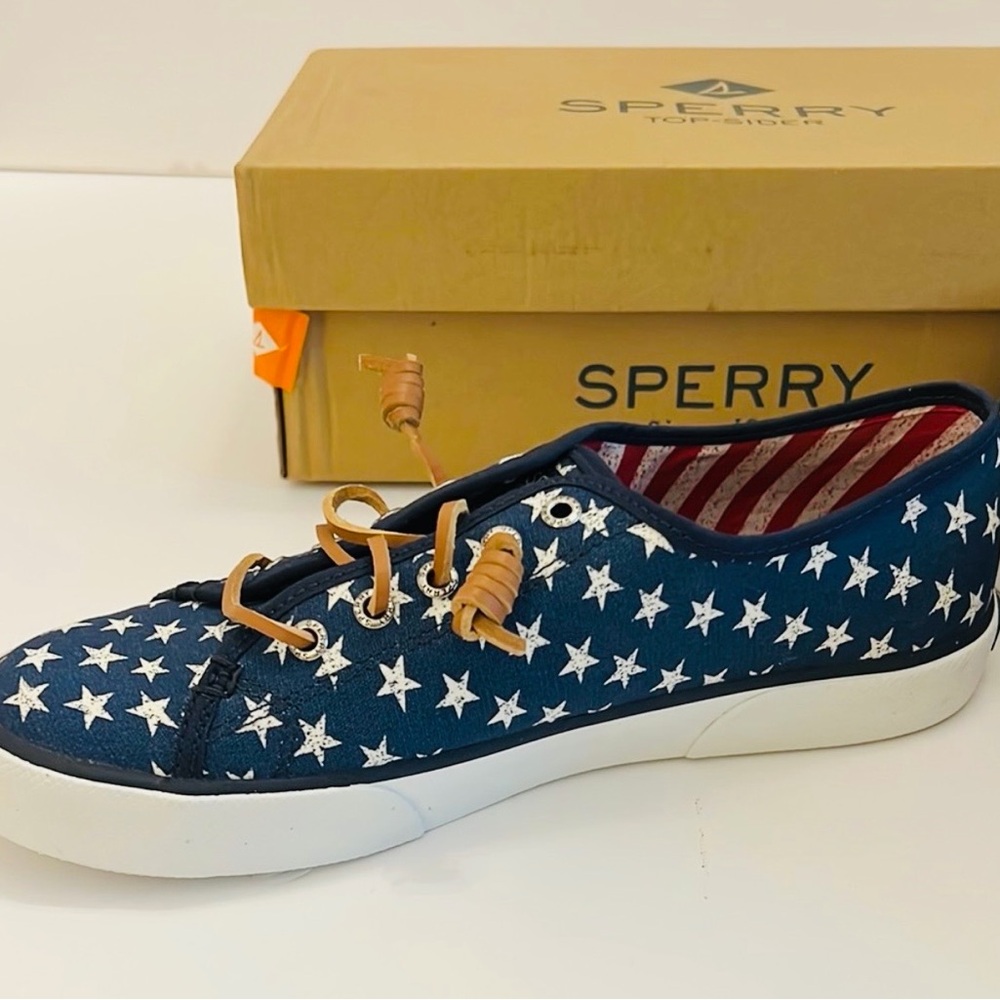 Sperry Navy Pier View Stars Print Canvas Sneakers with Tan Laces Size 7 1/2 - Picture 7 of 8